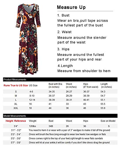 Zattcas Womens 3/4 Sleeve Floral Print Faux Wrap Long Maxi Dress with Belt,Wine Multi,X-Large