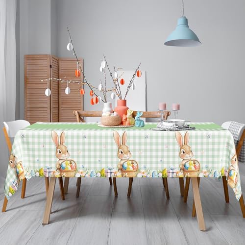 Image of QZYL 3 Pack Easter Tablecloths, 54 inch x 108 inch Disposable Easter Decorations, Sage Green Bunny Plaid Spring Tablecloth, Rectangle Plastic Easter Table Cloth with Easter Party Decorations Supplies Favors