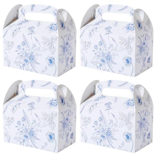 Beebeecraft 12個 折りたたみ式紙製おやつボックス 6.3x3.7x3.7インチ 花柄 ブルー 段ボール ギフトボックス ハンドル付き パーティー 記念品 結婚式 誕生日 ベーカリー お菓子入れ