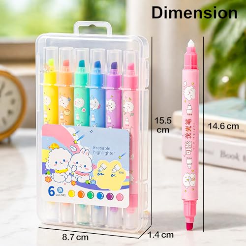 Image of WISHKEY Double-Head Erasable Marker Pens, Non-Toxic Ink, Quick Drying Colorful Highlighter Pens for Multipurpose, Stationery Items for Kids and Adults, 8+ Years (Pack of 6, Multicolor)