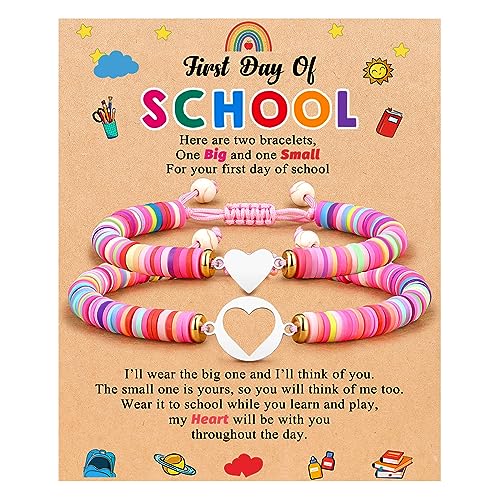 Image of First Day of Kindergarten /Pre K /School Mother Daughter Bracelets Matching Heart Wish Bracelet Set for 2 Gifts