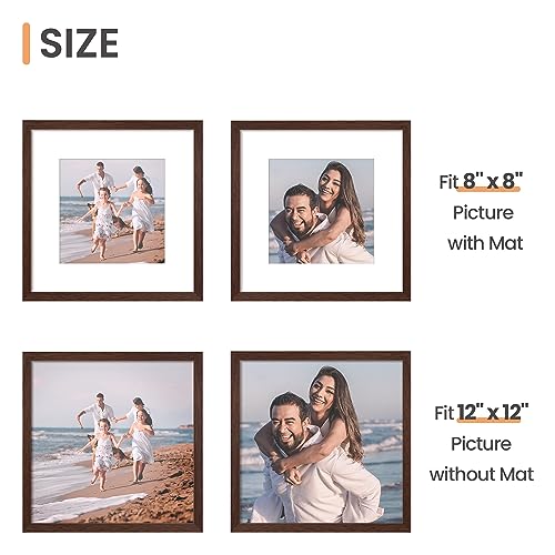 Image of upsimples 12x12 Picture Frame, Display Pictures 8x8 with Mat or 12 x 12 Without, Wall Hanging Square Frames, Brown, 1 Pack