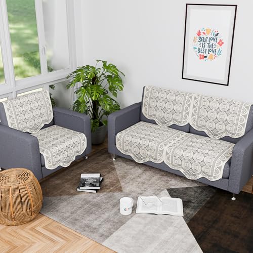 Image of Kuber Industries (Set of 6) Stylish & Durable Cotton Sofa Covers 2+1 Seater | Washable Sofa Protector /Mat & Slipcover for Living Room & Office | Plain Circle - Off White