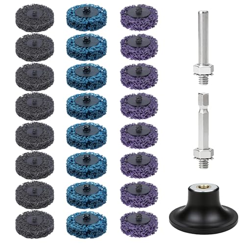 RunXinDaCSD Schleifscheibe Set 24 Stück Grobreinigungsscheiben 50mm mit 2 Aufnahmeschäften Reinigungsscheiben für Bohrmaschine zum Entrosten Entgraten & Entlacken (Schwarz Blau Lila)