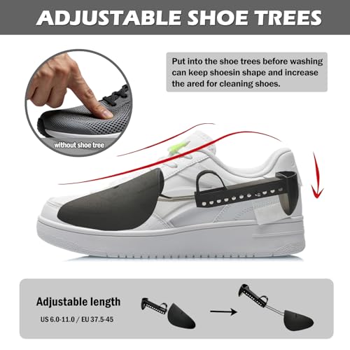 2Pcs Shoe Washing Machine Bag, Laundry Shoe Bag for Washer and Dryer, Reusable 360°Deep Protective Cleaning Bags, Include 2 Dry Net Bags and 2 Adjustable Shoe Trees, for Sneakers, Trainers(White)