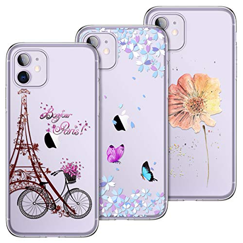 Preisvergleich Produktbild Yokata Kompatibel Hülle iPhone 11 Silikon Transparent Durchsichtig Handyhülle Schutzhülle TPU Ultra Dünn Slim Kratzfest Handytasche [3 Pack] - Turm Fahrrad + Blumen Schmetterlinge + Blumen