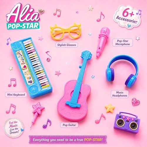 Image of Tickles Movable Pop Star Fashion Doll with Guitar, Microphone & Accessories | Music Superstar Role Play Toy Birthday Gift for Kids Girls (Ages: 3+ Years, Size: 30 cm)
