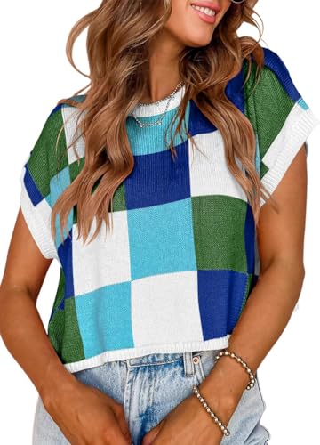 YEXIPO Womens Cap Sleeve Crop Tops Summer Color Block Crew Neck Lightweight Casual Knit Pullover Sweaters Trendy T Shirts