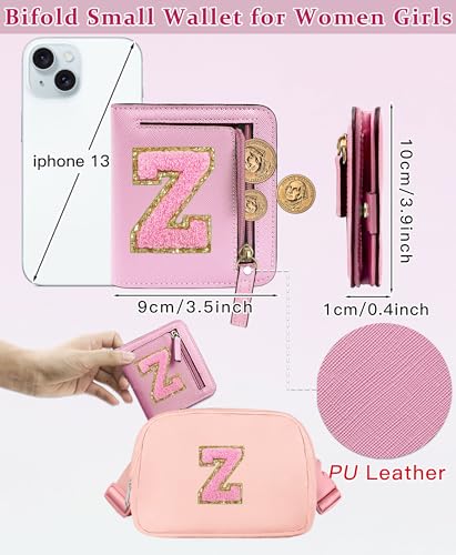 Image of COSHAYSOO Initial Wallet RFID Small Bifold Slim Letter Wallet for Women Teenager Girls Travel Daily Necessities Credit Cards Money Cash Coin Organizer, Pink Chenille, Compact, Z