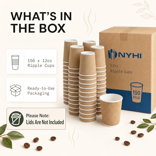 Image of NYHI 150 10 oz Ripple Kraft Paper Cups Brown Hot Cold Cups 3 Layer Rippled Small Insulated Disposable Coffee Cups for Cappuccino Hot Cocoa or Iced Drinks