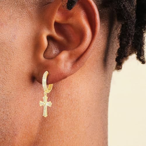 KRKC Cross Dangle Earrings - Sterling Silver Hoop, 14K Gold Plated, Hypoallergenic, 15mm Cross Dangle Drop Round Earrings for Men & Women4