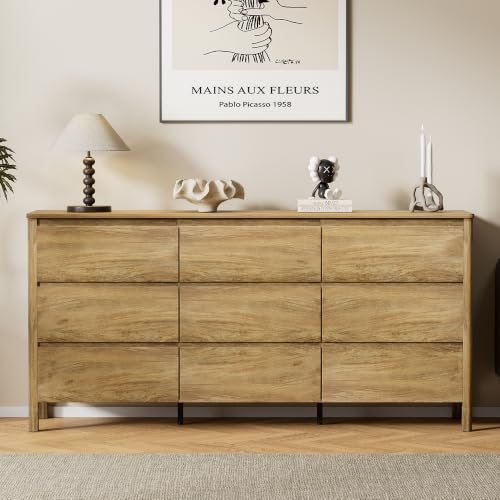 Image of Furniway 63 inch Wide 9 Drawer Wood Dresser for Bedroom with Legs, Natural Oak