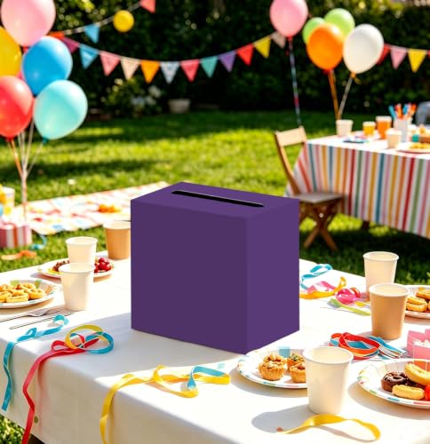 Image of SietDESEO Purple Card Box for Graduation Large Cardboard Gift Card Box Holder for Wedding Reception Birthday Graduation Baby Shower Raffle Ticket Box with Slot