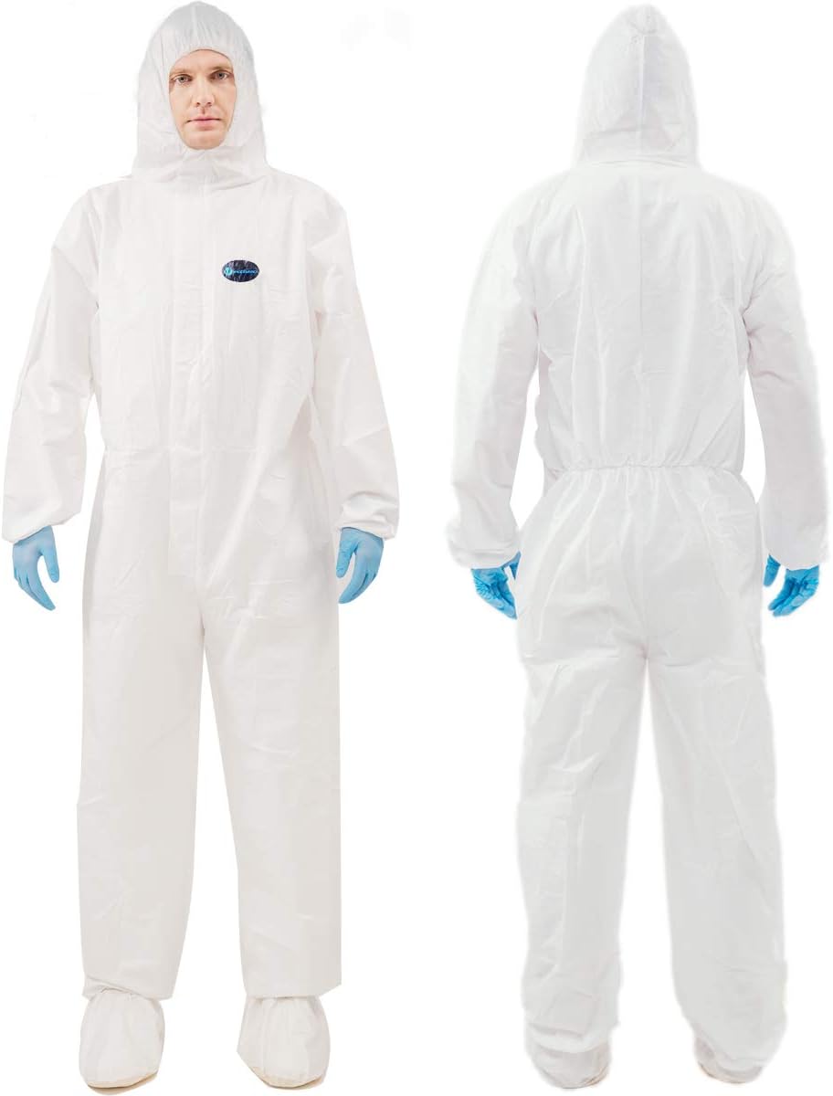 EZGOODZ Blue Disposable Coveralls with Hood, XL. 5 Pack 50 GSM PP Painters Suit Disposable