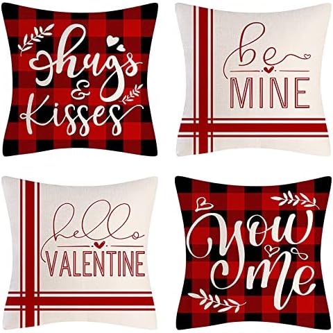 Cushion Covers Valentines Buffalo Check Plaid 18x18 Inches (45 x 45 cm) Linen Valentine's Day Pillow Cases Square Soft Throw Pillow Cover Sofa Outdoor Garden Decorations Gifts Set of 4 Red Beige 01 Cover