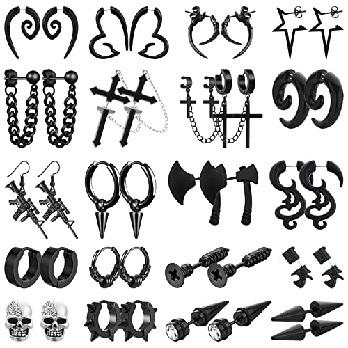 Newitin 20 Pairs Stainless Steel Punk Earrings Y2K Dangle Earrings Axe Cone Cross Screw Sword Skull Earrings Piercing Huggie Earrings Hinged Hoop Earrings For Men And Women #TOP5