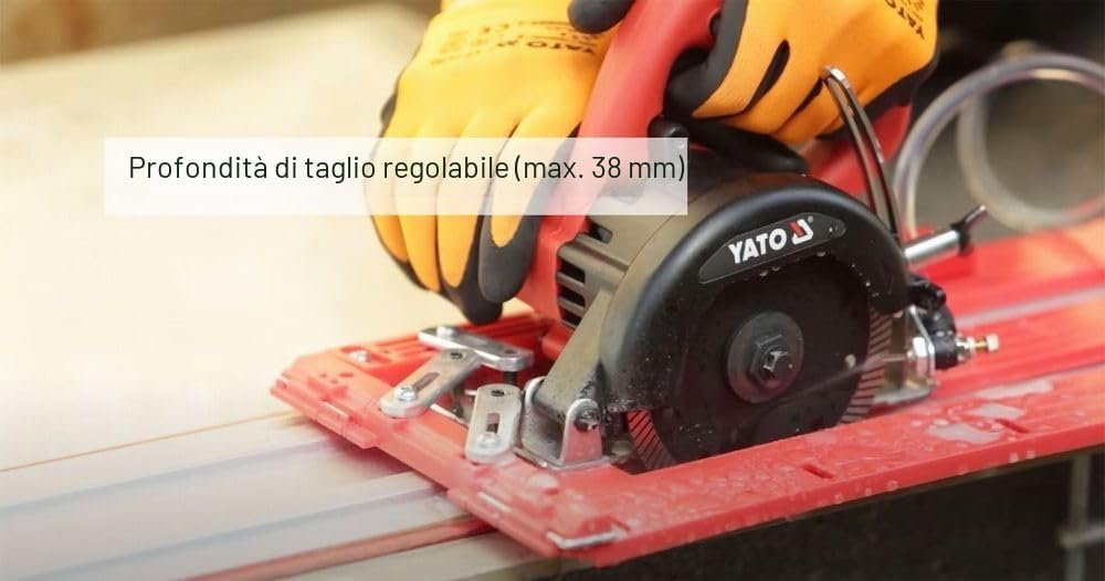 YATO Sega da taglio professionale a secco, 1400 Watt, con disco diamantato Ø 125 mm, 12000 giri/min, profondità di taglio regolabile max. 38 mm, acqua regolabile