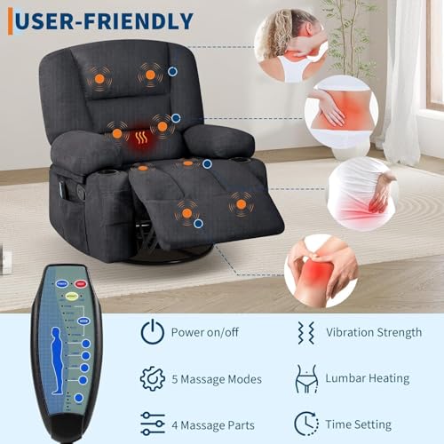 Image of Oversized Manual Swivel Recliner Chair for Adults, 360 Swivel Rocker Glider with Vibration Massage & Heat, Extra Wide Chenille Fabric Lazy Chair for Living Room Bedroom, Black Chenille