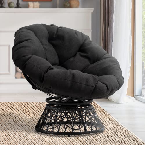 Bme Ergonomic Wicker Papasan Chair With Soft Thick Density Fabric Cushion, High Capacity Steel Frame, 360 Degree Swivel For Living, Bedroom, Reading Room, Lounge, Onyx Stone - Black Base #TOP24