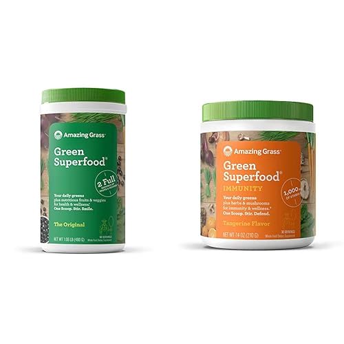 Increíble hierba verde Superfood Super verdes en polvo con espirulina, cloro, 60 porciones y verde Superfood Immunity Super verdes en polvo con