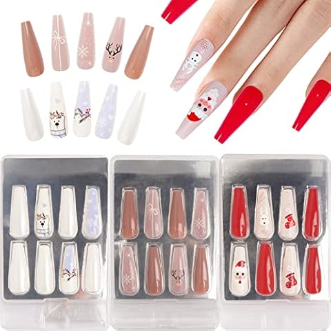 FLOFIA 90 Stk Weihnachten Nägel Lang Fingernägel zum Aufkleben Falsche Nägel Ballerina Xmas Nagelspitzen Christmas Press on Nails Rot Weiß Cover