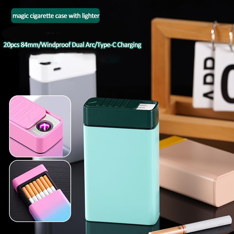 Cigarette Case with Dual Arc Lighter 20pcs 84mm Regular/King Size Cigarettes Box Built-in USB Electric Rechargeable Flameless Windproof Lighter Magic Cigarette Box (Black-White)