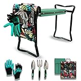 Khirlfor Garden Kneeler and Seat Upgraded Foldable Garden Bench Stool Garden Kneeling Pad Garden Tool Set, Large Printed Tool Bags, 1 Pair of Garden Gloves