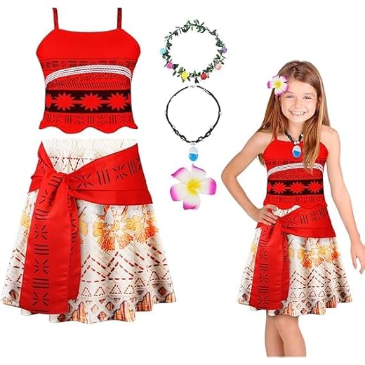 URAQT Disfraz de Moana para Niña, Vestido de Princesa para Niña, Disfraz de Princesa con Collar, Accesorio para Niñas, Disfraces de Carnaval para Fiesta de Cumpleaños, Ropa de Verano, 150CM