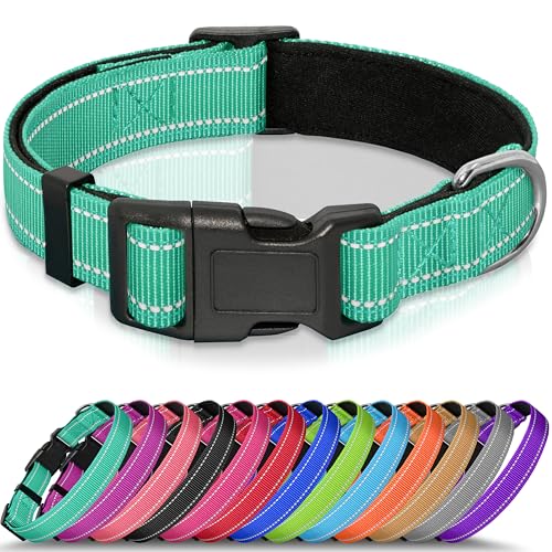 Seyezo Refective Dog Collar, Soft Neoprene Padded Pet Collar for Small, Medium, Large Dogs, Adjustable Puppy Collars with Quick Release Buckle, Safe Breathable Nylon Dog Collars for Puppies(Teal,XS)