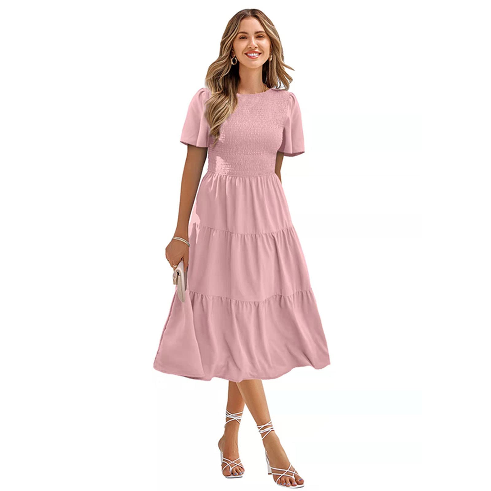 Trajes de verano para mujer, casual, de manga corta, cuello en V, cintura elástica, escalonado, vestido midi elegante e informal