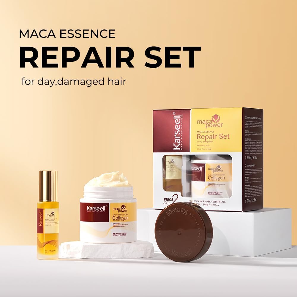 Karseell Maca Essenz Reparatur Set, Kollagen Haarmaske & Haaröl Tiefenreparatur Haarpflege für Trockenes Geschädigtes Haar Alle Haartypen 500ml + 50ml