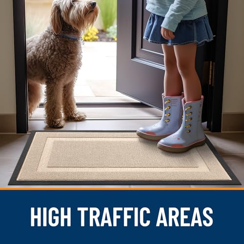 Image of OLANLY Front Door Mat Indoor Outdoor Entrance, Waterproof All-Season, All-Weather Doormat, Sturdy Natural Rubber, Low Profile, Easy Clean Patio Porch Entryway Mat, 35x23, Off-White