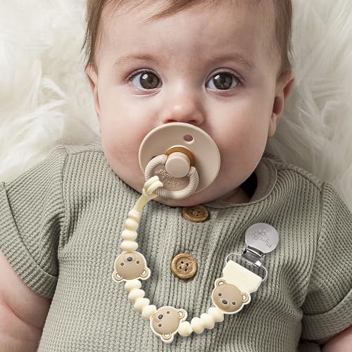 Image of Itzy Ritzy Silicone Pacifier Clip - 100% Food Grade Silicone Pacifier Strap with Clip Keeps Pacifiers, Teethers & Small Toys in Place - Features One-Piece Design, Bear Character & Silicone Cord (Bear)