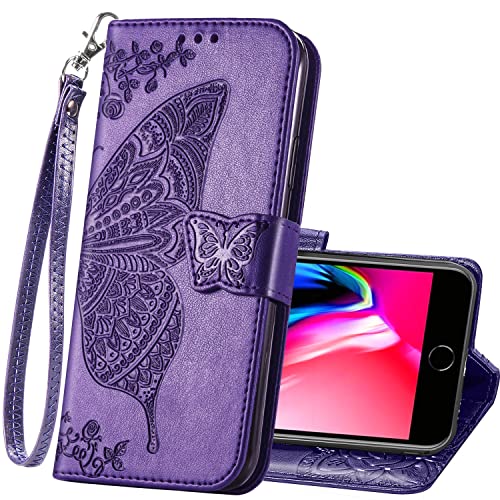 HAOTP for iPhone 8 Case,iPhone 7 Case,iPhone SE 2022 Case,iPhone SE 2020 Case,Wallet Flip Protective Phone Case Wrist Strap Credit Card Holder Pocket Emboss Butterfly Flower Kickstand Cover Purple