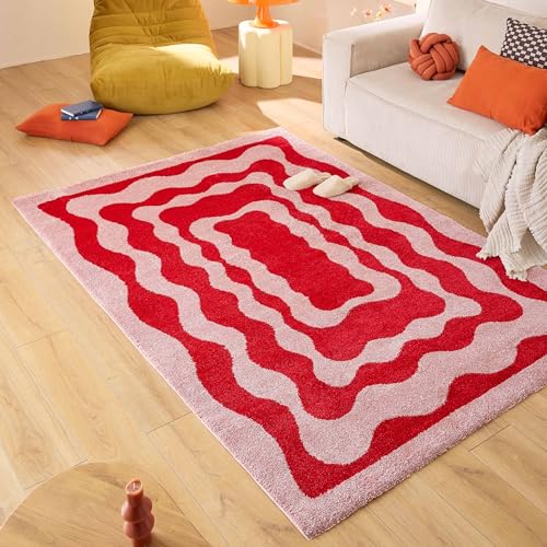 Nazar Tapis Groovy, Coloré, Vintage, Rétro, Géométrique, Orange, Jaune, Rose, Rouge, Moelleux...