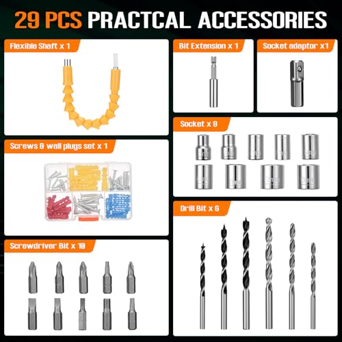 WorkBless WORKBLESS 21V Power Drill Set, Cordless Drill with 2 Batteries and Charger, 3/8'' Keyless Chuck, Variable Speed, 18+1 Torque Setting and 28pcs Bits Tool Set(Orange) by WorkBless - Image 9