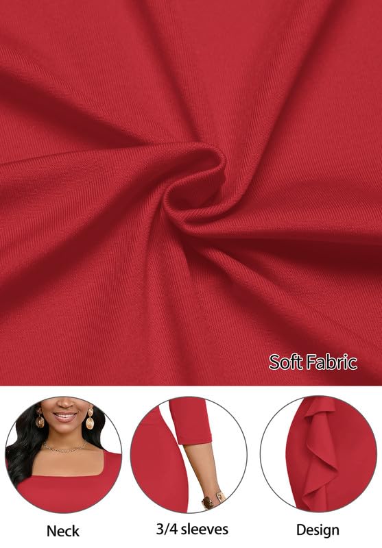 Image of MarryUP Womens Work Dresses Elegant Square Neck 3 /4 Sleeve High Waist Bodycon Ruffle Vintage Church Pencil Midi Dress