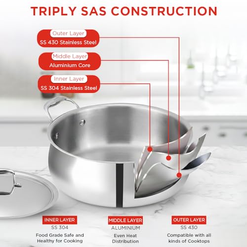 Image of Vinod Platinum Chef's Lagan Pot 28 cm - 7 Litre | Triply Stainless Steel Biryani Pot Heavy Bottom | Shallow Lagan Handi for Cooking Biryani | Healthy Triply Cookware, Induction Friendly, with Lid