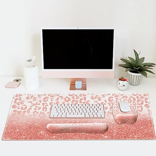 Anyshock Desk Mat, Keyboard Wrist Rest, Large Mouse Pad Wrist Support, 4 In 1 Ergonomic Desk Pad With Coaster Set, Gaming Keyboard Mat Non-Slip For Women Home Office, Pink Rose Gold Leopard Print #TOP7
