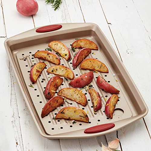 Rachael-Ray-Cucina-Nonstick-Bakeware-Set-with-Grips-Nonstick-Cookie-Sheet-Baking-Sheet-with-Crisper-Pan-2-Piece-Latte-Brown-with-Cranberry-Red-Handle-Grips Rachael Ray Cucina Nonstick Bakeware Set with Grips Nonstick Cookie Sheet Baking Sheet with Crisper Pan 2 Piece Latte Brown with Cranberry Red Handle Grips