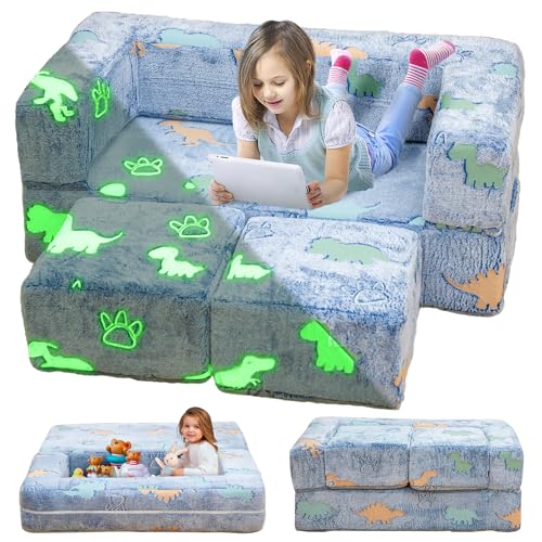 Image of furlinkhm Toddler Couch, Glow in The Dark Kids Play Couch Toddler Fold Out Couch, Kids Fold Out Couch for playroom, Convertible Baby Fold Out Play Foam and Floor Cushion for Bedroom, Blue+Dinosaur
