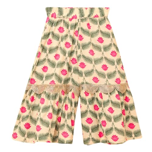 Image of Hopscotch Girls Beige Floral Print Kurta And Sharara Set With Dupatta