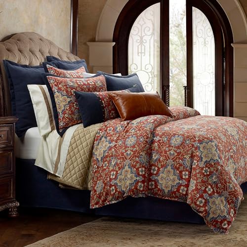 HiEnd Accents Washed Linen Melinda 3 Piece Floral Comforter Set, Queen Size, Red Navy Blue Medallion Bedding, Classic Western Modern Rustic Lodge Style, Flower Linen Comforter with Pillow Shams