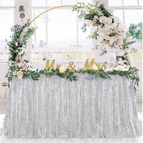 Orange Sequin Table Skirt, 27.5 x 108in – Glitter Rectangle/Round Table Skirt for Wedding, Birthday, Baby Shower, Dessert Table, Party & Event Decorations(Silver,122x70cm/27.5x48 in)