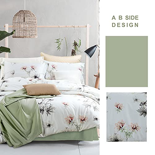 Mildly Duvet Cover Sets Queen Size, 100% Egyptian Cotton White Green Floral Leaves Printed Comforter Cover Set Watercolor Reversible Ultra Soft & Breathable Unique Design Bedding Set (No Comforter) #TOP5