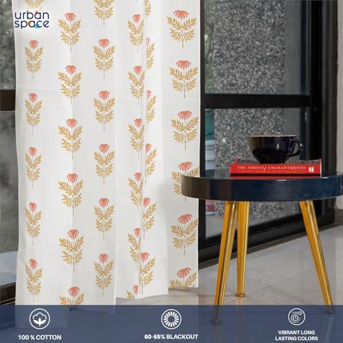 Image of Urban Space 100% Cotton Floral Curtains 7 Feet Long Set Of 2, 60-65% Room Darkening, Decorative Curtains With Eyelets /Rings For Hanging, Tieback Included (Amara Peach, Door - 7 Feet)