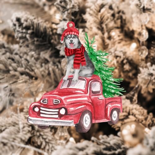 PODbyyou Alaskan Malamute Dog Xmas Tree Red Truck Tree Decoration Ornament Alaskan Malamute Christmas Decor Keepsake Dog Memorial Acrylic Christmas Stocking Filling Gift 3in