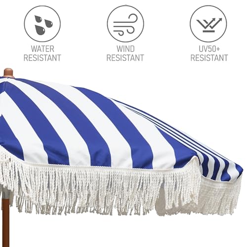Image of AMMSUN 7ft Patio Umbrella with Fringe Outdoor Tassel Umbrella UPF50+ Wood Color Steel Pole and Steel Ribs Push Button Tilt, Navy Stripe