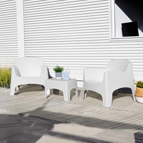Tomaino - Salon de jardin Ibiza- Ensemble d'extérieur 2 fauteuils empilables avec accoudoirs et table basse en plastique - Salon pour balcon, terrasse et jardin (Blanc)