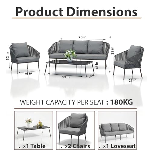 Image of OUTLIVING Outdoor Sofa Set | Balcony Sofa | Patio Furniture Sets | Conversation Sets | Braid & Rope Garden (5 Seater- Grey.)
